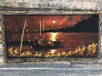 Vintage Air Brush Art ビンテージ　超ラージサイズ 川沿いの船とジャングルのエアブラシアート