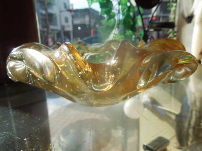 Antique Murano Glass Ashtray/ムラノガラス 灰皿 Light Yellow 気泡 