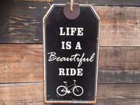 新品 Life is Beautiful Ride Used加工が施されたプライスタグの様なブリキ製の看板に自転車の絵